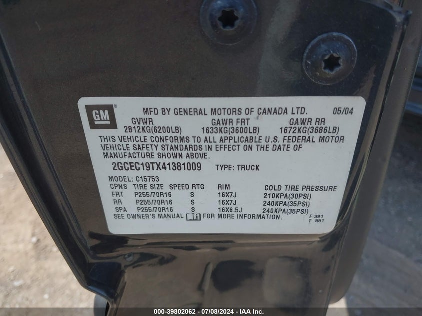 2004 Chevrolet Silverado 1500 Ls VIN: 2GCEC19TX41381009 Lot: 39802062