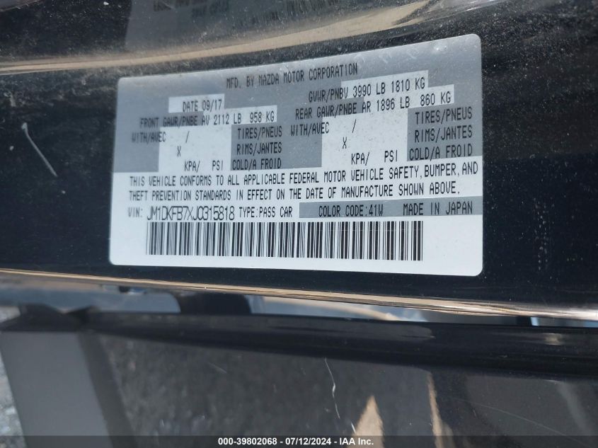 2018 Mazda Cx-3 Sport VIN: JM1DKFB7XJ0315818 Lot: 39802068