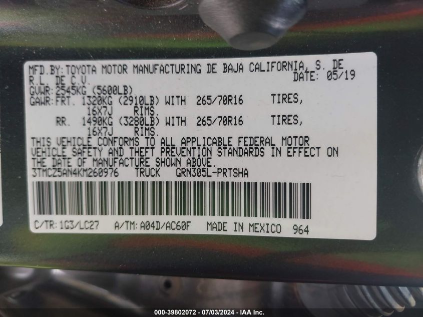 2019 Toyota Tacoma Double Cab/Sr/Sr5/Trd Spo VIN: 3TMCZ5AN4KM260976 Lot: 39802072