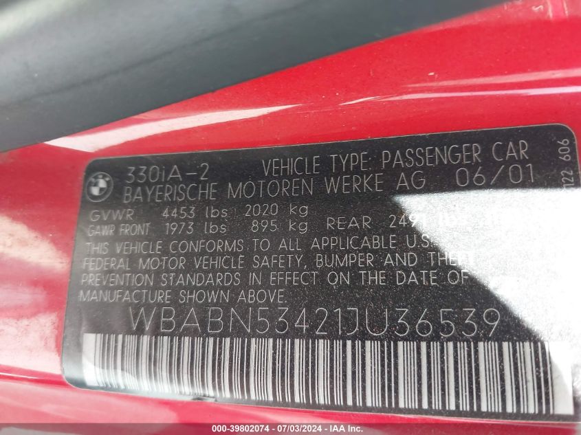 2001 BMW 330Ci VIN: WBABN53421JU36539 Lot: 39802074