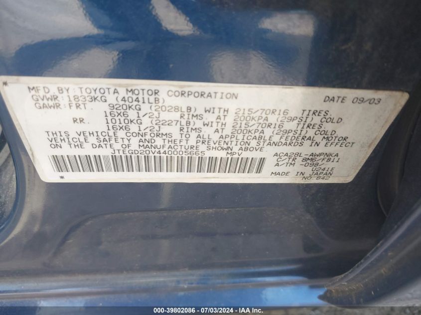 2004 Toyota Rav4 VIN: JTEGD20V440005665 Lot: 39802086