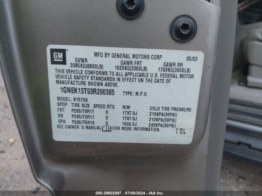 2003 Chevrolet Tahoe Z71 VIN: 1GNEK13T93R290385 Lot: 39802097
