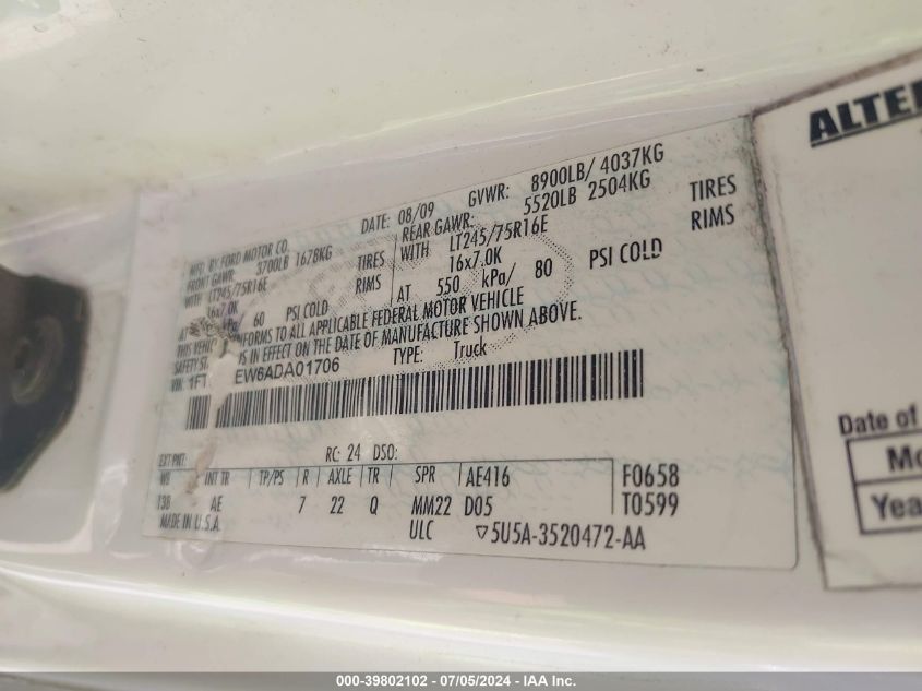 2010 Ford E-250 Commercial/Recreational VIN: 1FTNS2EW6ADA01706 Lot: 39802102