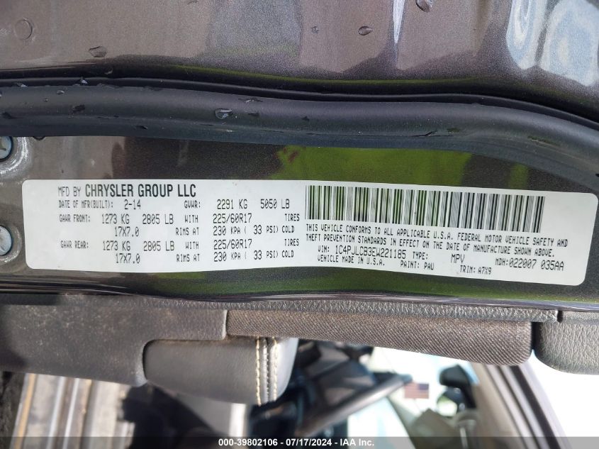 2014 Jeep Cherokee Latitude VIN: 1C4PJLCB3EW221185 Lot: 39802106