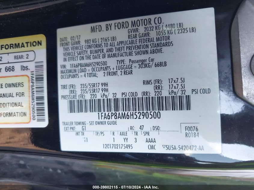 2017 Ford Mustang V6 VIN: 1FA6P8AM6H5290500 Lot: 39802115