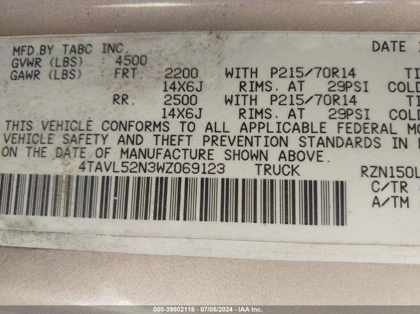 1998 Toyota Tacoma VIN: 4TAVL52N3WZ069123 Lot: 39802118
