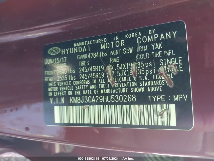 2017 Hyundai Tucson Sport VIN: KM8J3CA29HU530268 Lot: 39802119