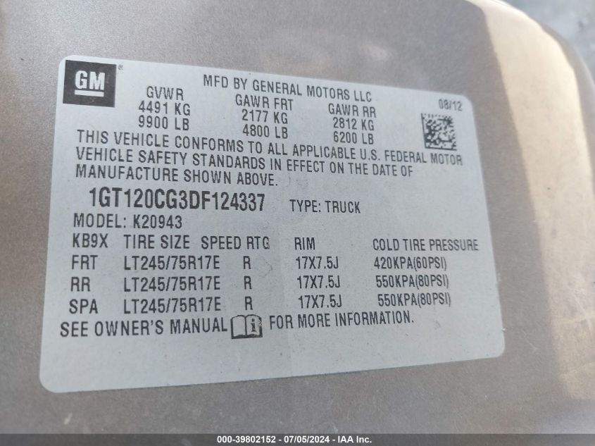 2013 GMC Sierra 2500Hd K2500 Sle VIN: 1GT120CG3DF124337 Lot: 39802152