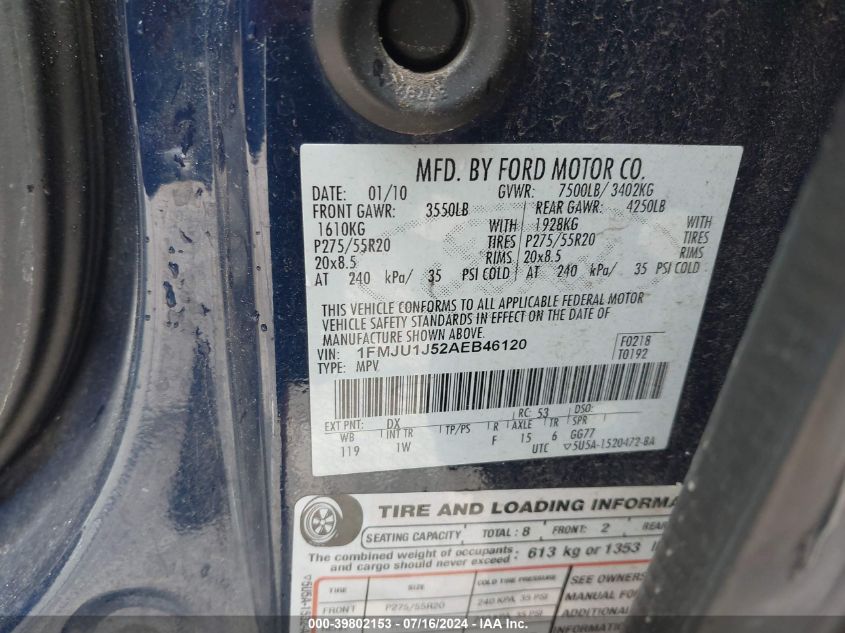 2010 Ford Expedition Eddie Bauer/King Ranch VIN: 1FMJU1J52AEB46120 Lot: 39802153