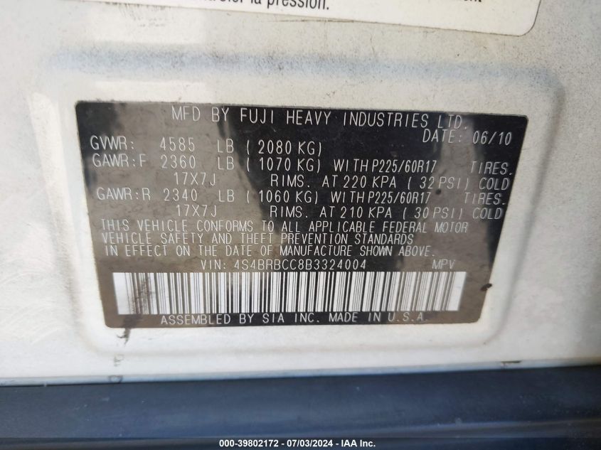 2011 Subaru Outback 2.5I Premium VIN: 4S4BRBCC8B3324004 Lot: 39802172