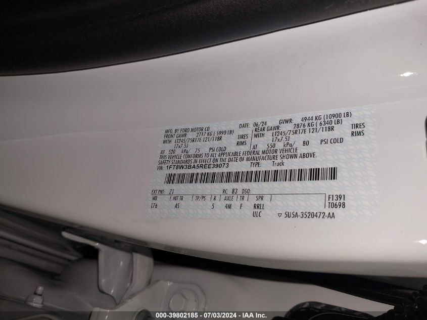 2024 Ford F350 Super Duty VIN: 1FT8W3BA5REE39073 Lot: 39802185