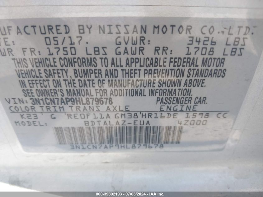 3N1CN7AP9HL879678 2017 Nissan Versa S/S Plus/Sv/Sl