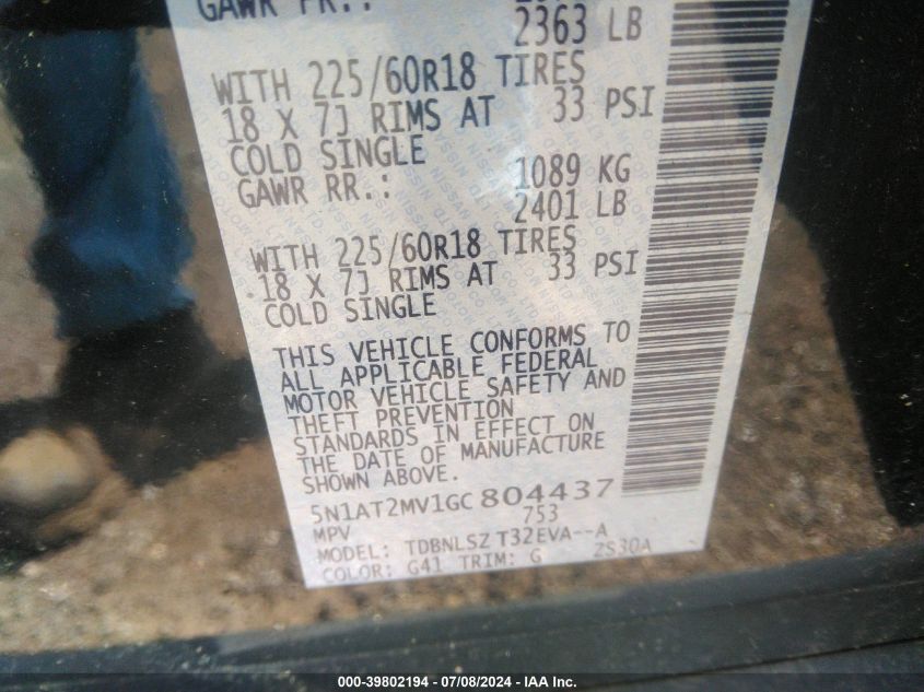 2016 Nissan Rogue Sl VIN: 5N1AT2MV1GC804437 Lot: 39802194