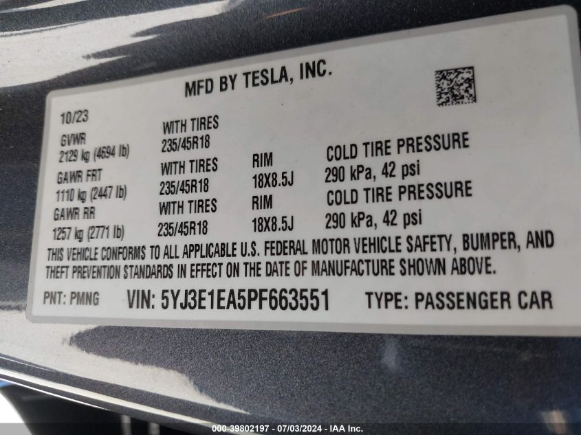 2023 TESLA MODEL 3 REAR-WHEEL DRIVE - 5YJ3E1EA5PF663551