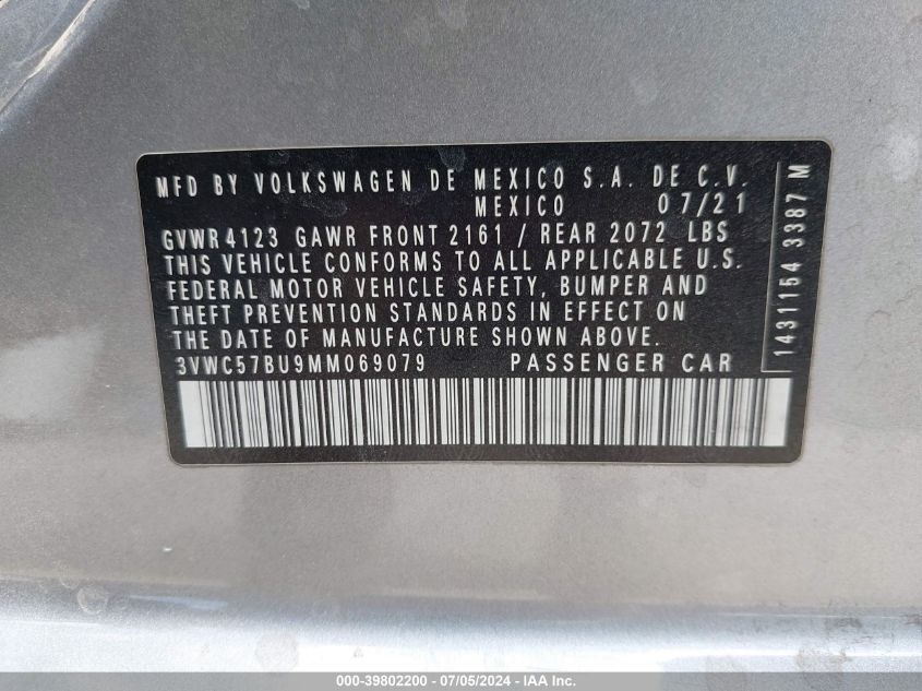 2021 Volkswagen Jetta 1.4T R-Line/1.4T S/1.4T Se VIN: 3VWC57BU9MM069079 Lot: 39802200