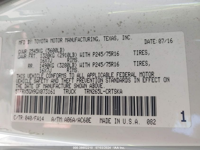 2016 Toyota Tacoma Sr VIN: 5TFRX5GN9GX073161 Lot: 39802210