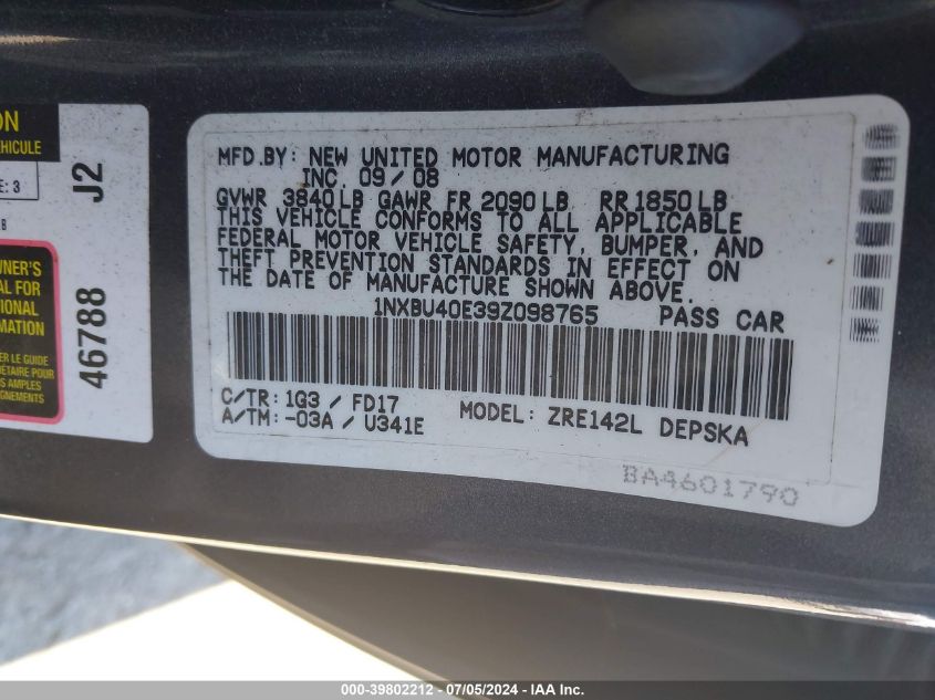 2009 Toyota Corolla S VIN: 1NXBU40E39Z098765 Lot: 39802212