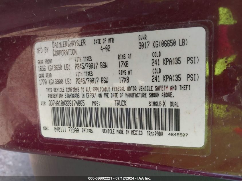 2002 Dodge Ram 1500 VIN: 3D7HA18N32G174865 Lot: 39802221