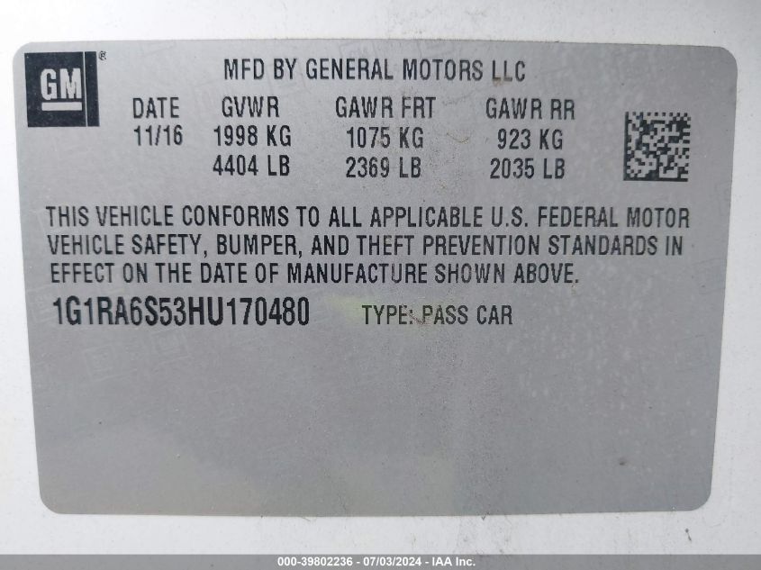 2017 CHEVROLET VOLT LT - 1G1RA6S53HU170480