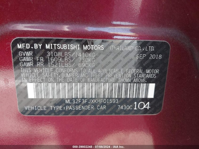 2019 Mitsubishi Mirage G4 Es VIN: ML32F3FJXKHF01593 Lot: 39802248