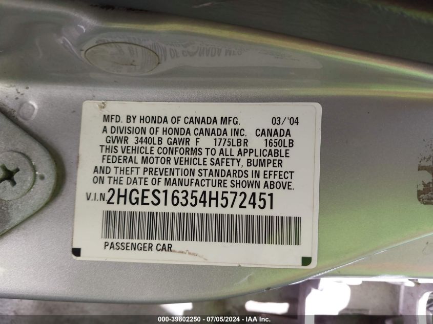 2004 Honda Civic Vp VIN: 2HGES16354H572451 Lot: 39802250