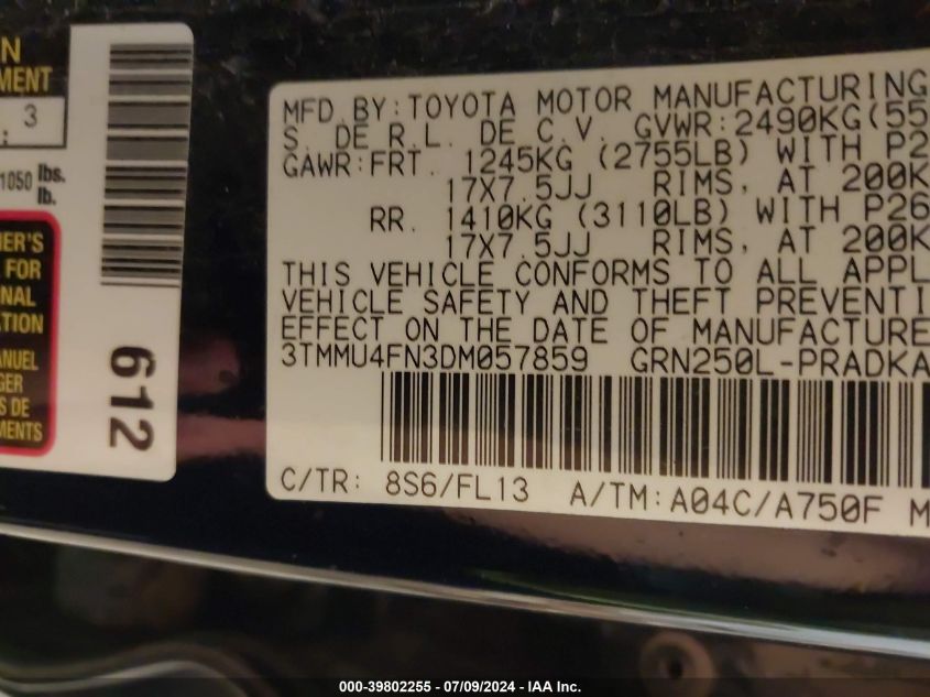 2013 Toyota Tacoma Base V6 VIN: 3TMMU4FN3DM057859 Lot: 39802255