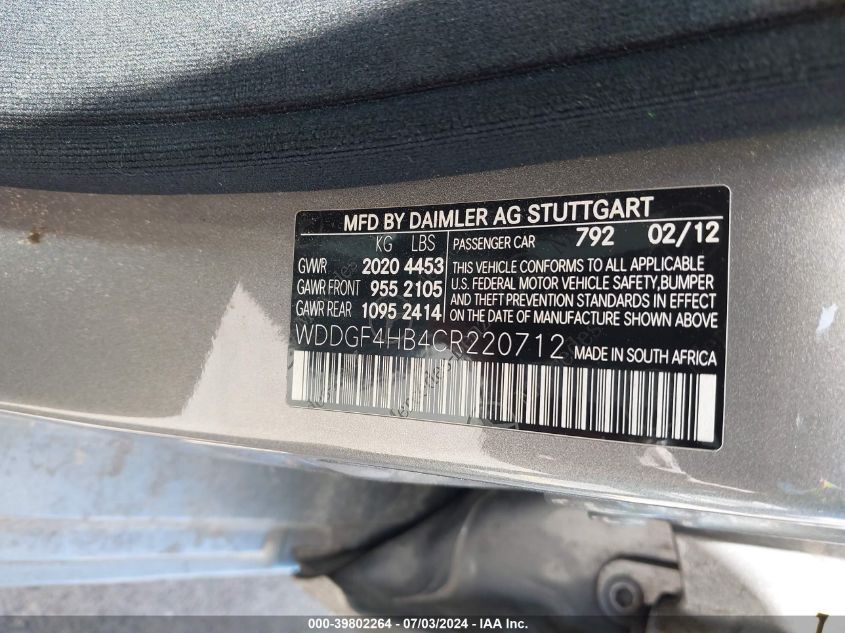 2012 Mercedes-Benz C 250 VIN: WDDGF4HB4CR220712 Lot: 39802264