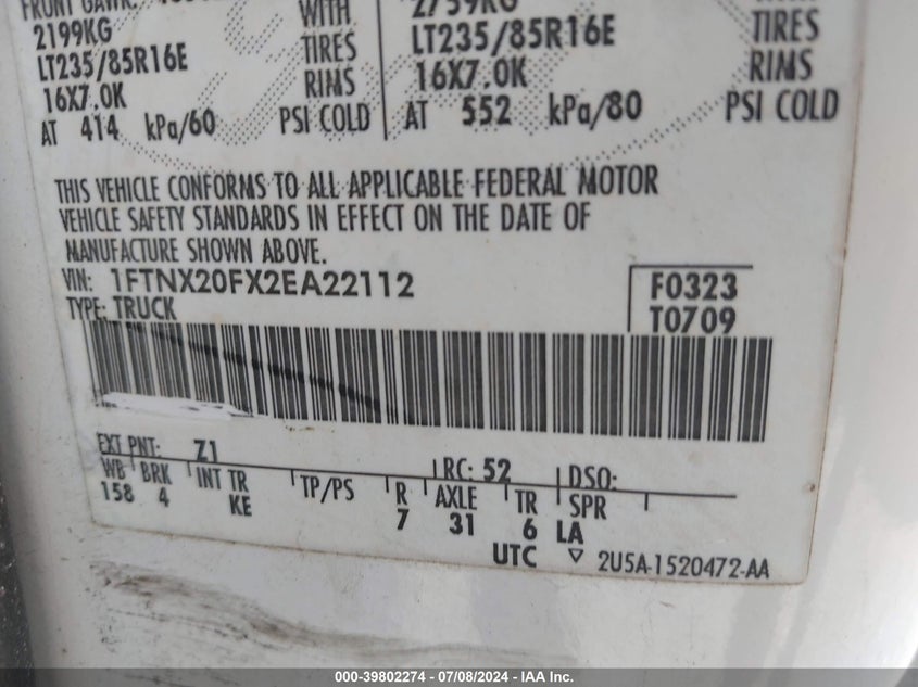 2002 Ford F250 Super Duty VIN: 1FTNX20FX2EA22112 Lot: 39802274