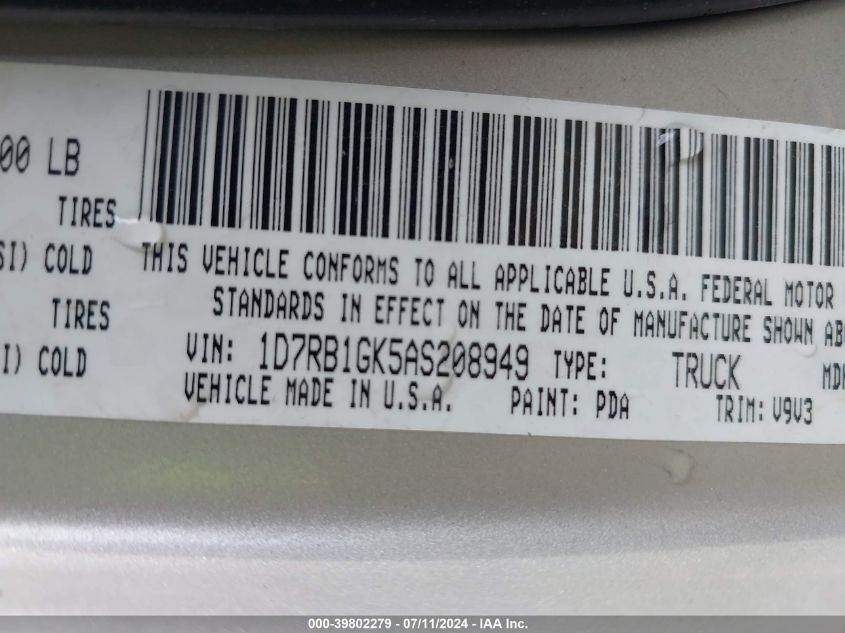 2010 Dodge Ram 1500 St VIN: 1D7RB1GK5AS208949 Lot: 39802279