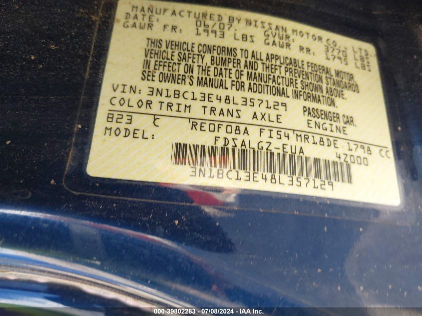 2008 Nissan Versa 1.8Sl VIN: 3N1BC13E48L357129 Lot: 39802283