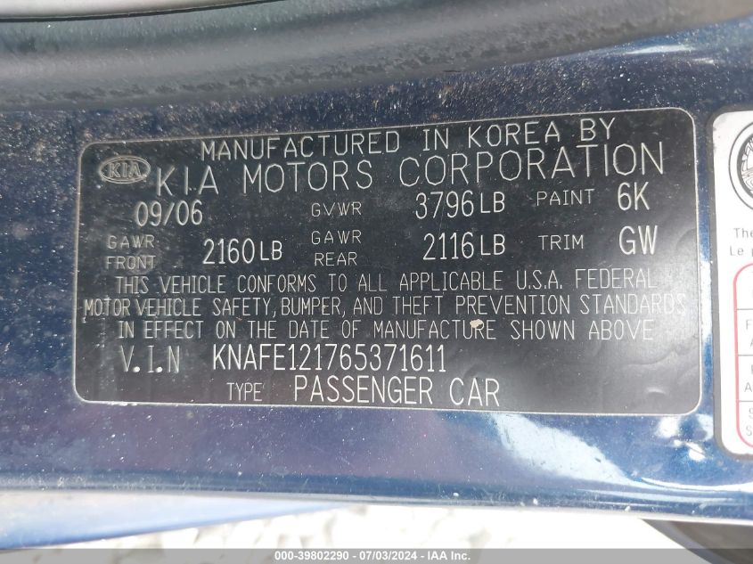 2006 Kia Spectra Ex/Lx/Sx VIN: KNAFE121765371611 Lot: 39802290