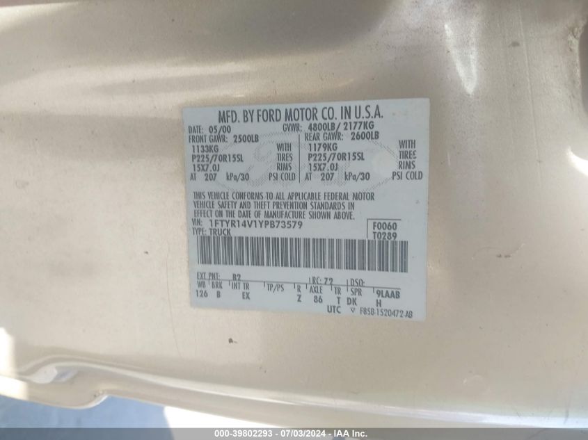 2000 Ford Ranger Xl/Xlt VIN: 1FTYR14V1YPB73579 Lot: 39802293