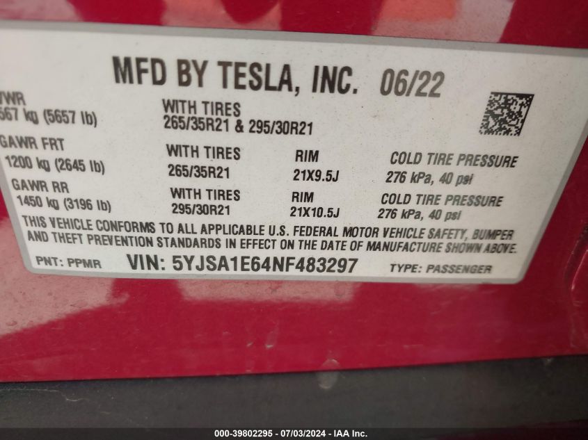 2022 Tesla Model S Plaid Tri Motor All-Wheel Drive VIN: 5YJSA1E64NF483297 Lot: 39802295