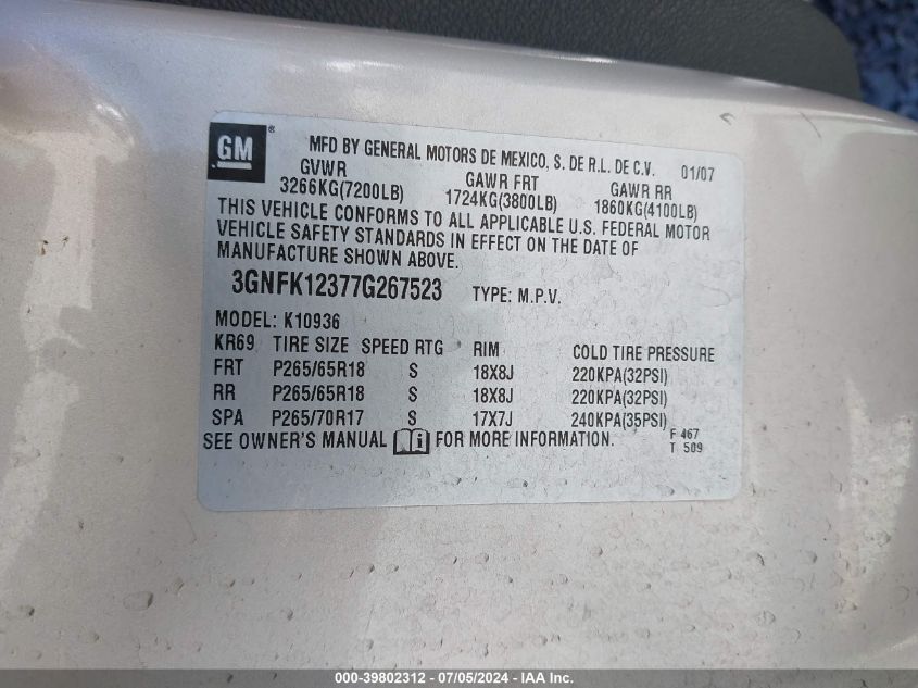 2007 Chevrolet Avalanche 1500 Lt VIN: 3GNFK12377G267523 Lot: 39802312