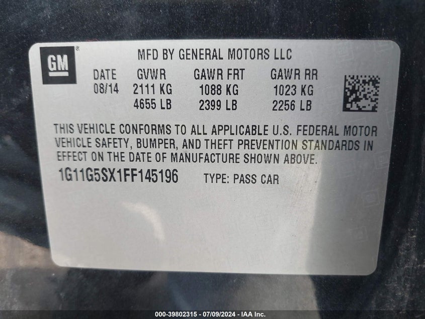 2015 Chevrolet Malibu Ltz VIN: 1G11G5SX1FF145196 Lot: 39802315