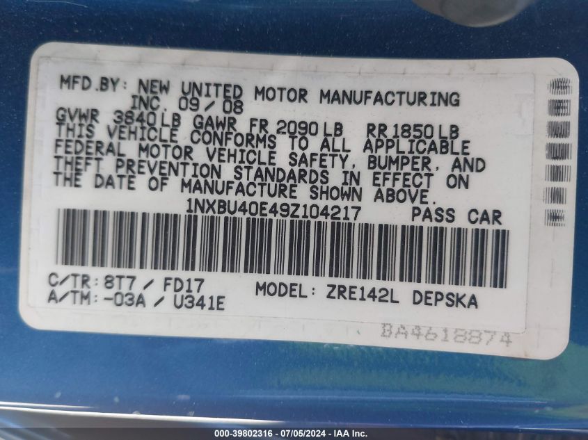 2009 Toyota Corolla S VIN: 1NXBU40E49Z104217 Lot: 39802316