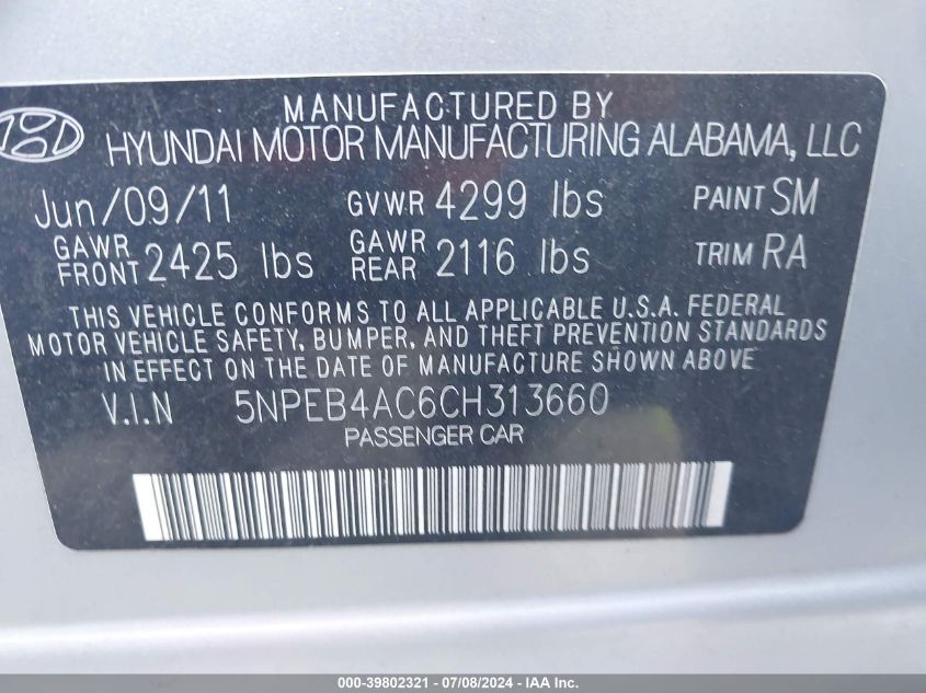 2012 Hyundai Sonata Gls VIN: 5NPEB4AC6CH313660 Lot: 39802321