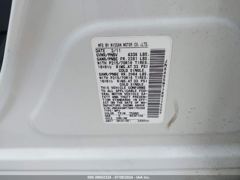 2011 Nissan Rogue S VIN: JN8AS5MT7BW175088 Lot: 39802324