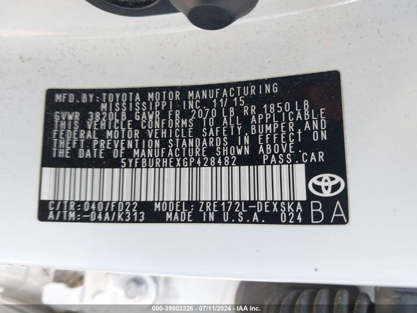 2016 Toyota Corolla S Plus VIN: 5YFBURHEXGP428482 Lot: 39802326