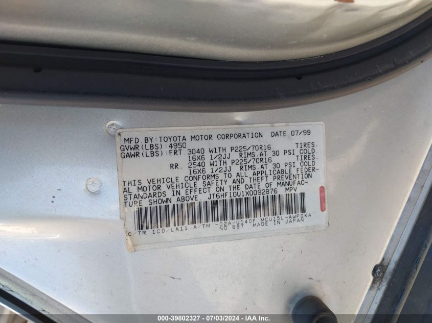 1999 Lexus Rx 300 VIN: JT6HF10U1X0092876 Lot: 39802327