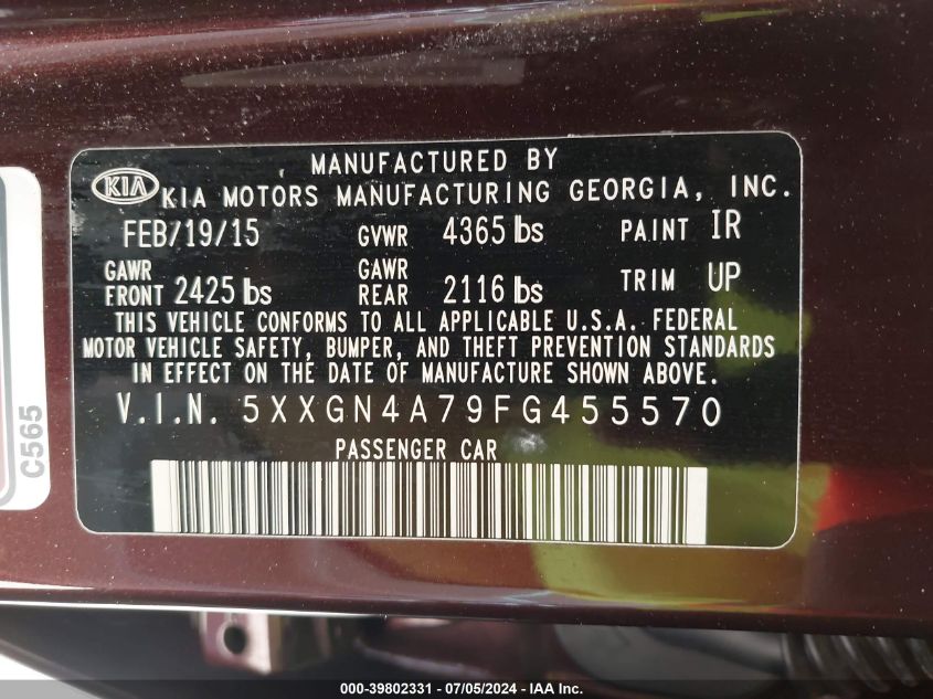 2015 Kia Optima Ex VIN: 5XXGN4A79FG455570 Lot: 39802331