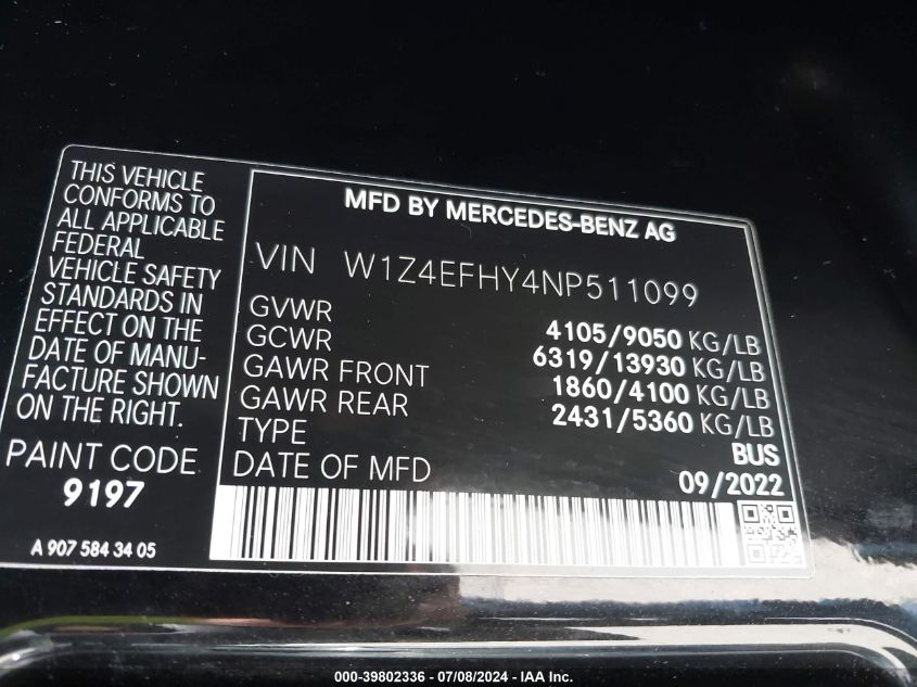 2022 Mercedes-Benz Sprinter 2500 Standard Roof V6 VIN: W1Z4EFHY4NP511099 Lot: 39802336
