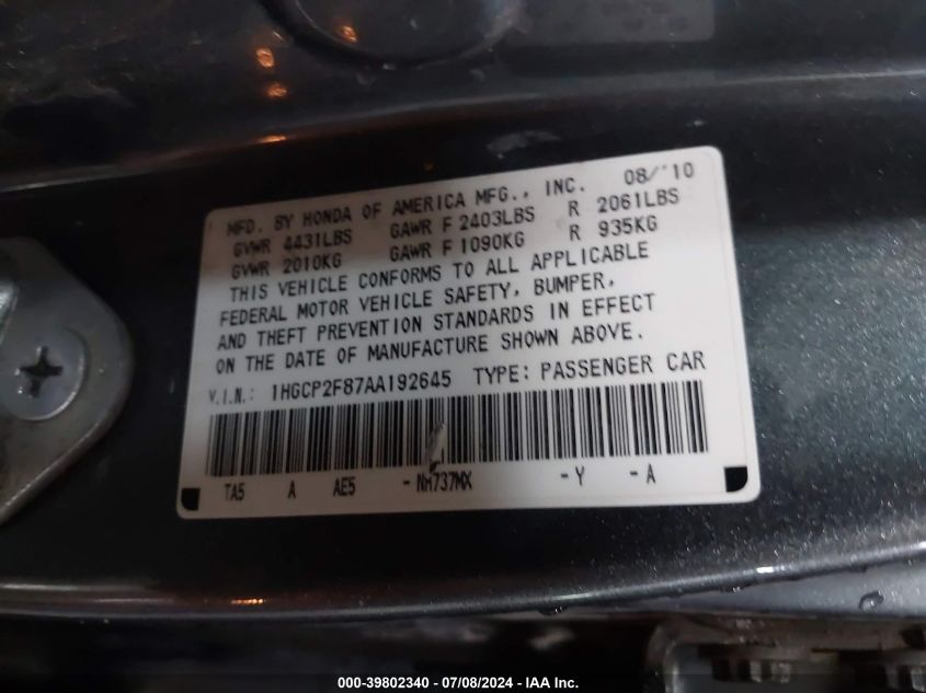 2010 Honda Accord 2.4 Ex-L VIN: 1HGCP2F87AA192645 Lot: 39802340