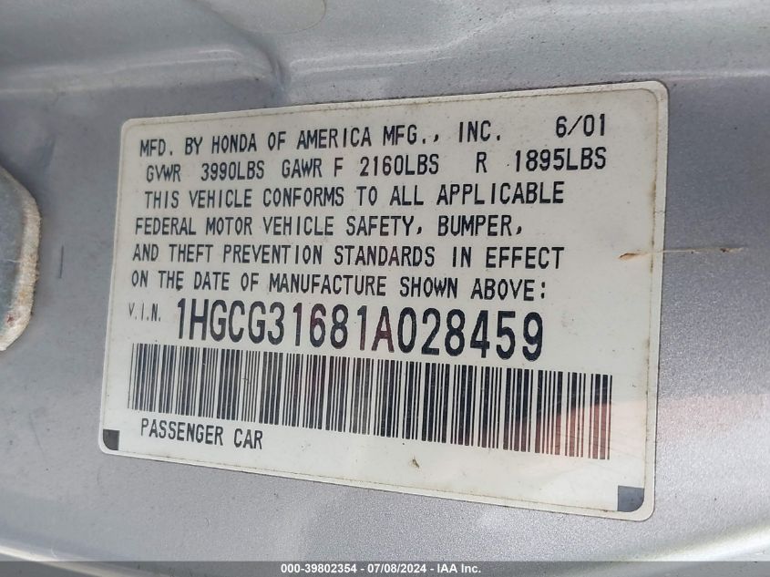 1HGCG31681A028459 | 2001 HONDA ACCORD