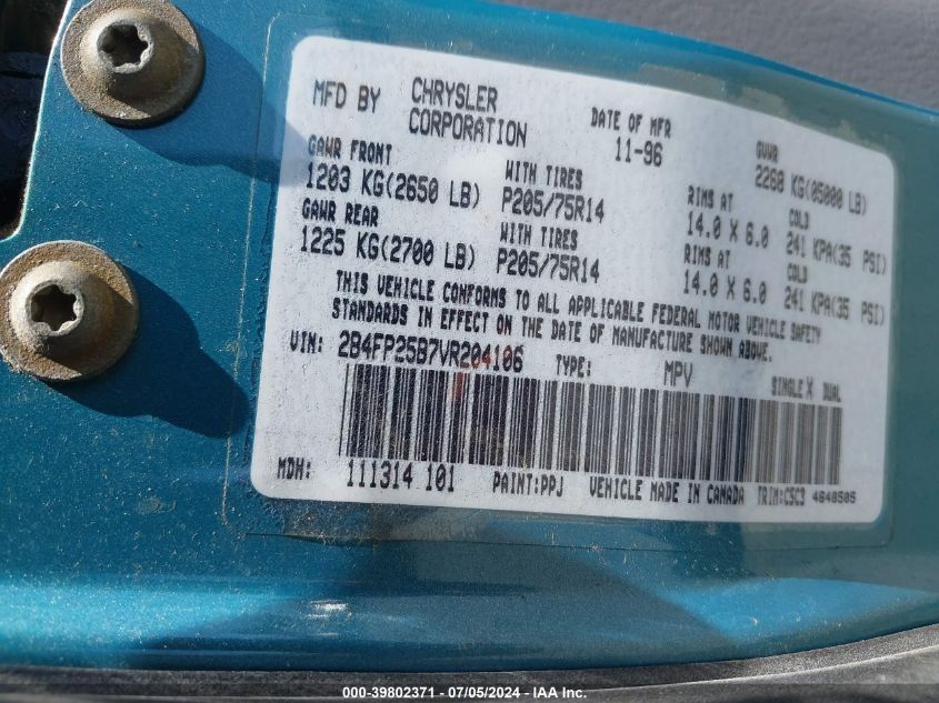1997 Dodge Caravan VIN: 2B4FP25B7VR204106 Lot: 39802371