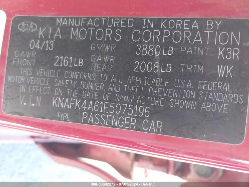 2014 Kia Forte Lx VIN: KNAFK4A61E5075196 Lot: 39802372