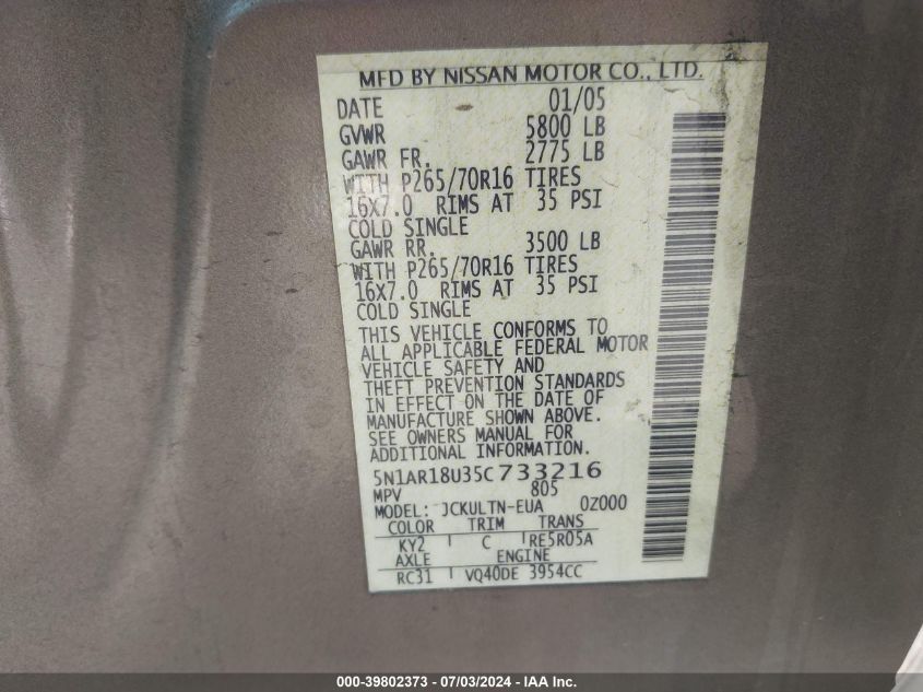 2005 Nissan Pathfinder Se VIN: 5N1AR18U35C733216 Lot: 39802373
