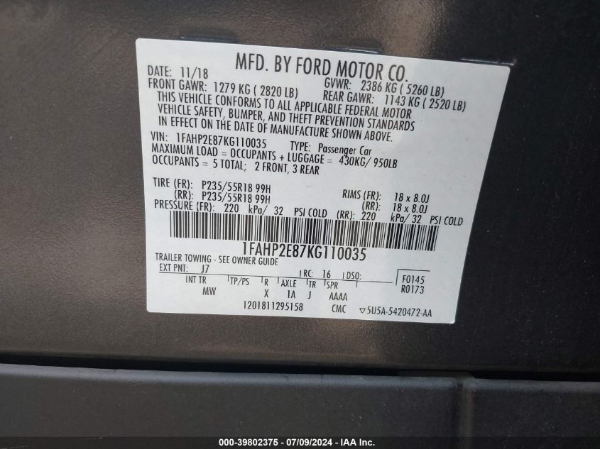 2019 Ford Taurus Sel VIN: 1FAHP2E87KG110035 Lot: 39802375