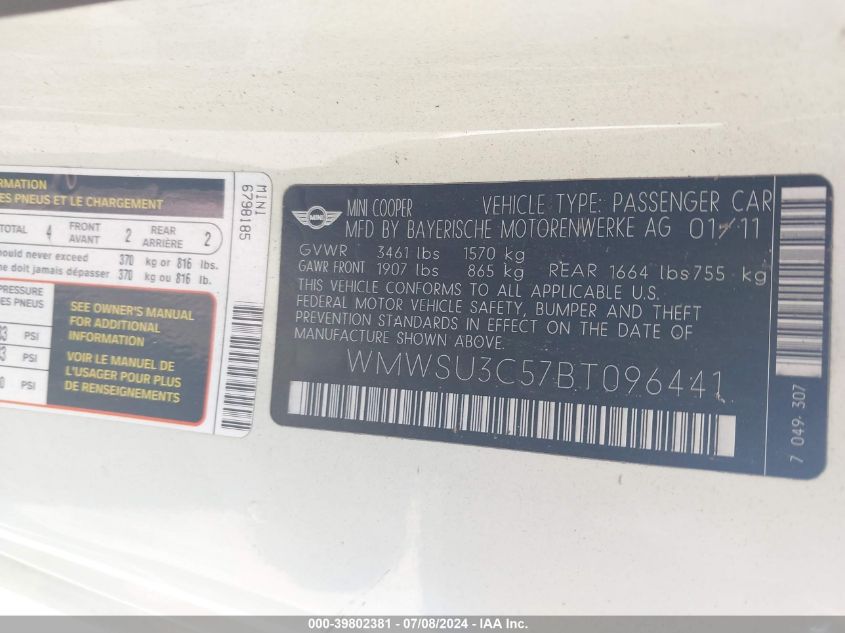 2011 Mini Cooper VIN: WMWSU3C57BT096441 Lot: 39802381