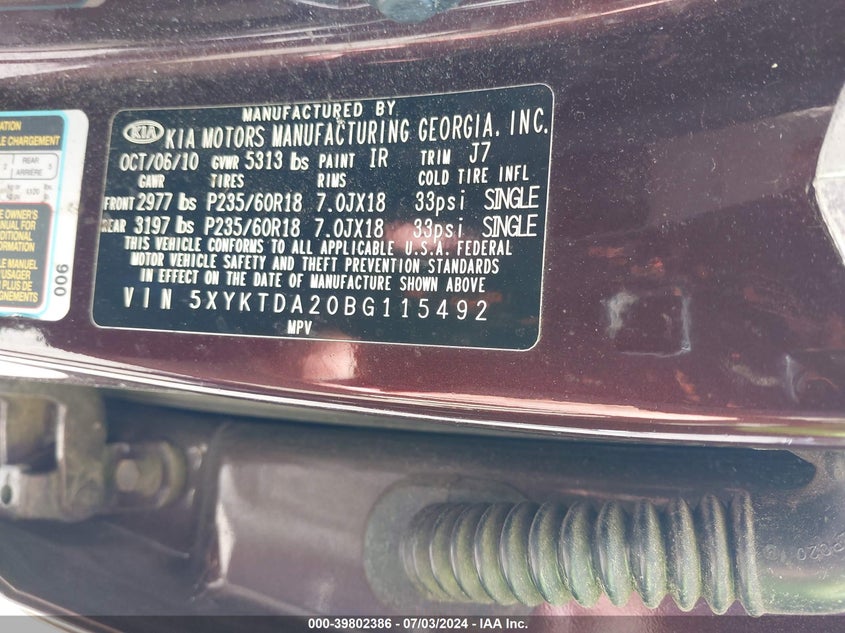 2011 Kia Sorento Lx V6 VIN: 5XYKTDA20BG115492 Lot: 39802386